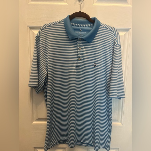 PRE-OWNED SOUTHERN SHIRT MEN'S PERFORMANCE POLO-  BLUE & WHITE- LARGE - Picture 1 of 5